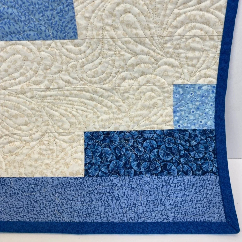 Handmade Blue Cream Geometric Quilted Wall Hanging Small Lap Blanket 24